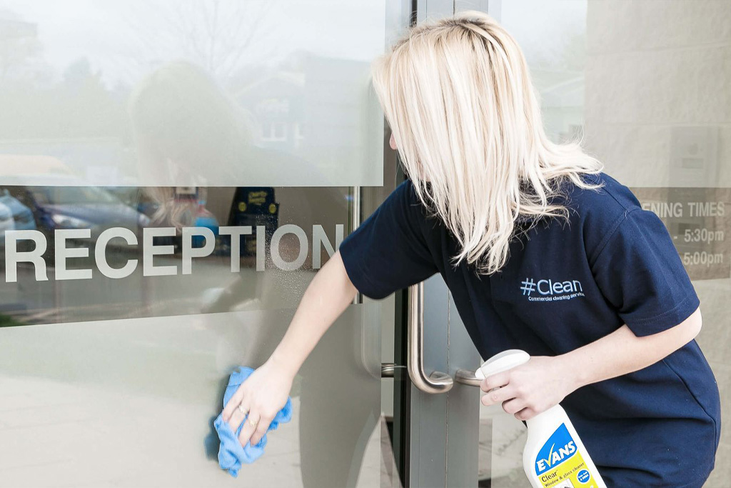 Professional cleaner at reception